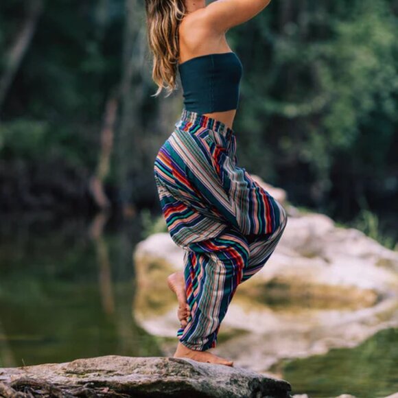 Buddha Pants Unisex Drawstring Boho Hippie Stripe Savannah Harem Pants Green - Picture 14 of 15